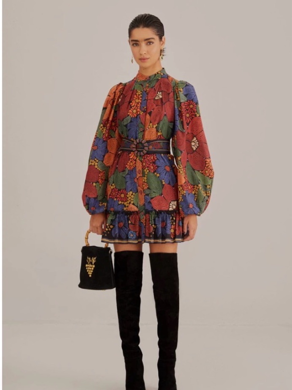 FARM Rio Red Floral Puff-Sleeve Mini Dress